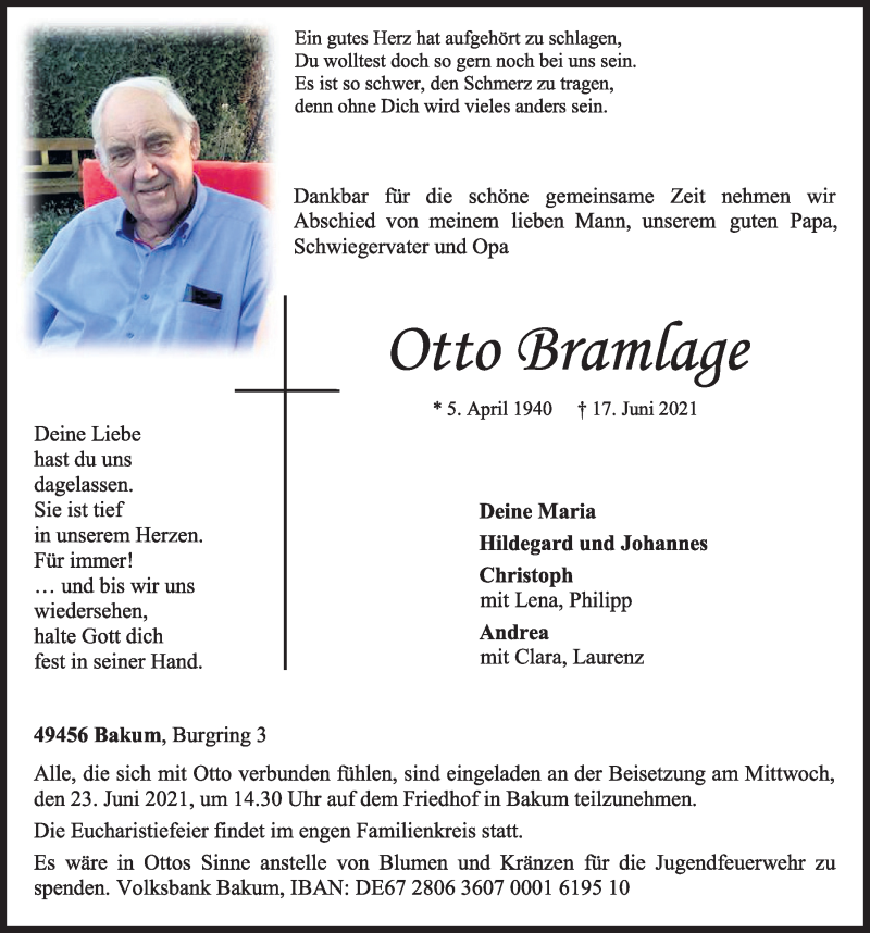  Traueranzeige für Otto Bramlage vom 19.06.2021 aus OM-Medien