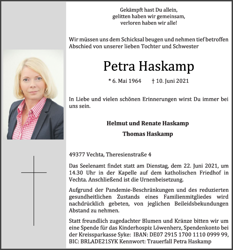  Traueranzeige für Petra Haskamp vom 16.06.2021 aus OM-Medien