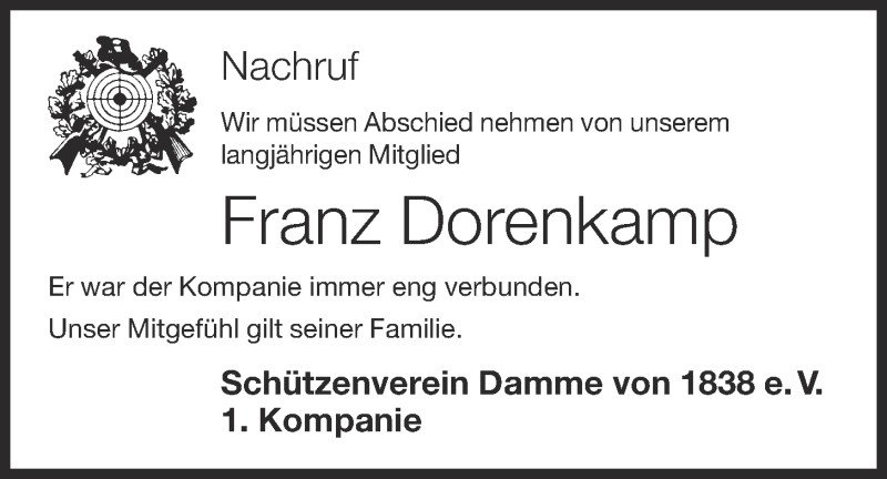  Traueranzeige für Franz Dorenkamp vom 01.07.2021 aus OM-Medien