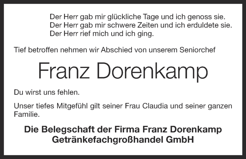  Traueranzeige für Franz Dorenkamp vom 01.07.2021 aus OM-Medien