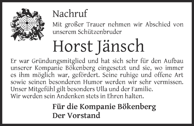  Traueranzeige für Horst Jänsch vom 31.07.2021 aus OM-Medien