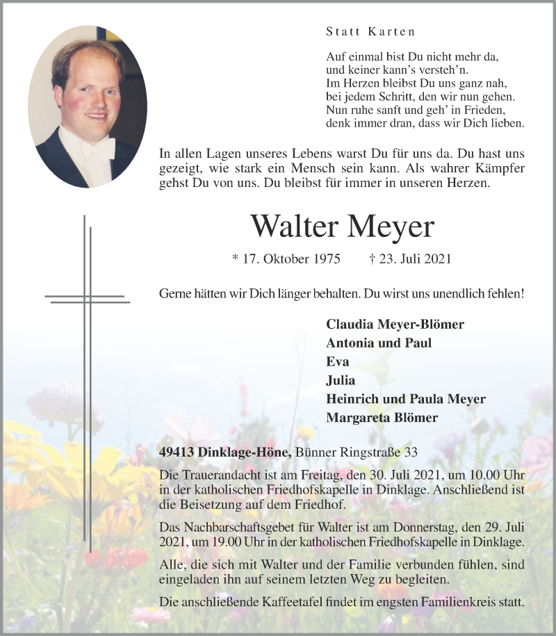  Traueranzeige für Walter Meyer vom 26.07.2021 aus OM-Medien