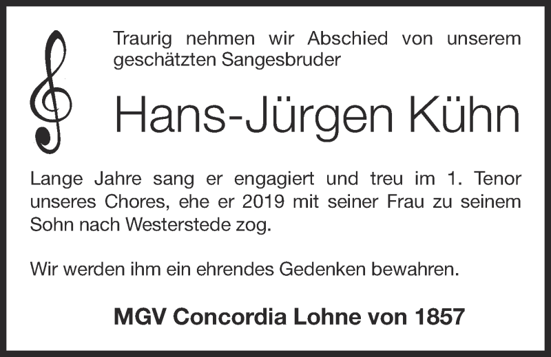  Traueranzeige für Hans-Jürgen Kühn vom 26.08.2021 aus OM-Medien