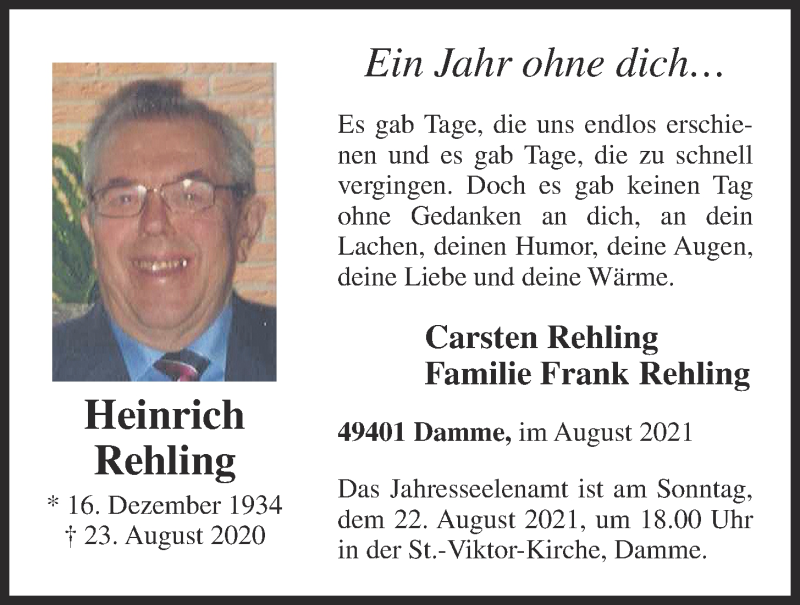  Traueranzeige für Heinrich Rehling vom 21.08.2021 aus OM-Medien