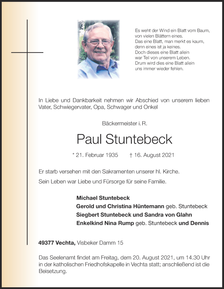  Traueranzeige für Paul Stuntebeck vom 18.08.2021 aus OM-Medien