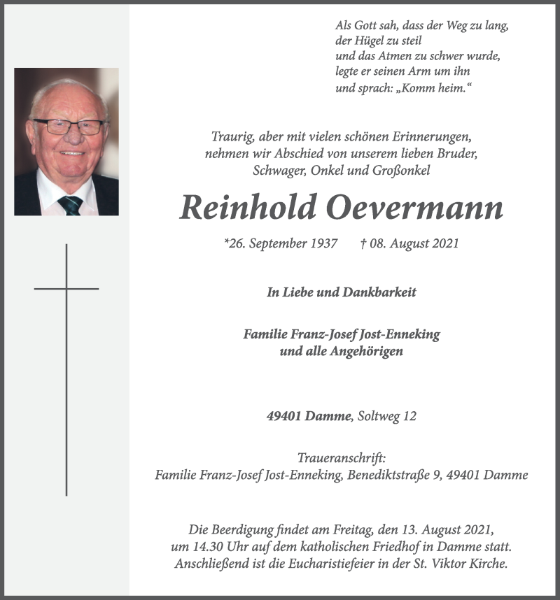  Traueranzeige für Reinhold Oevermann vom 10.08.2021 aus OM-Medien