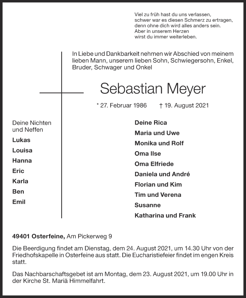  Traueranzeige für Sebastian Meyer vom 21.08.2021 aus OM-Medien