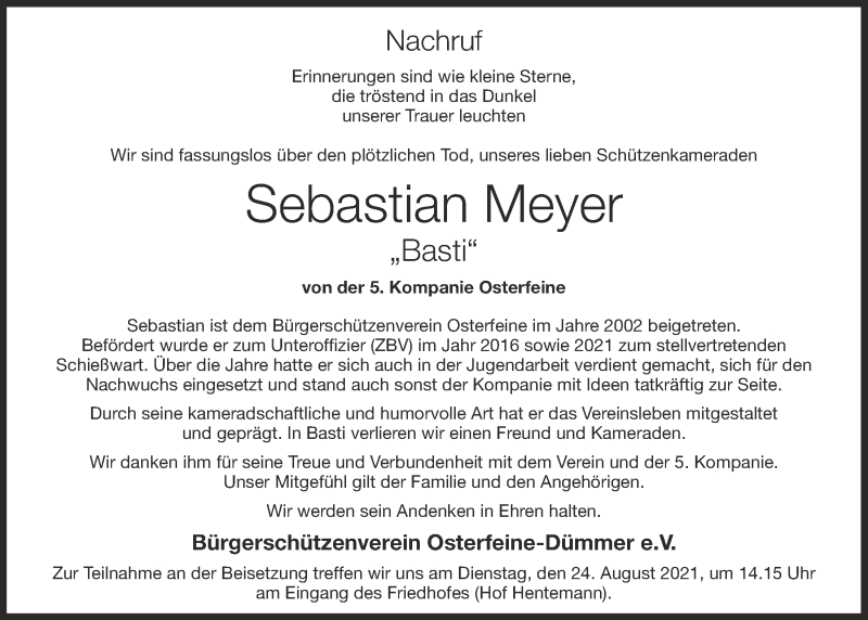  Traueranzeige für Sebastian Meyer vom 23.08.2021 aus OM-Medien