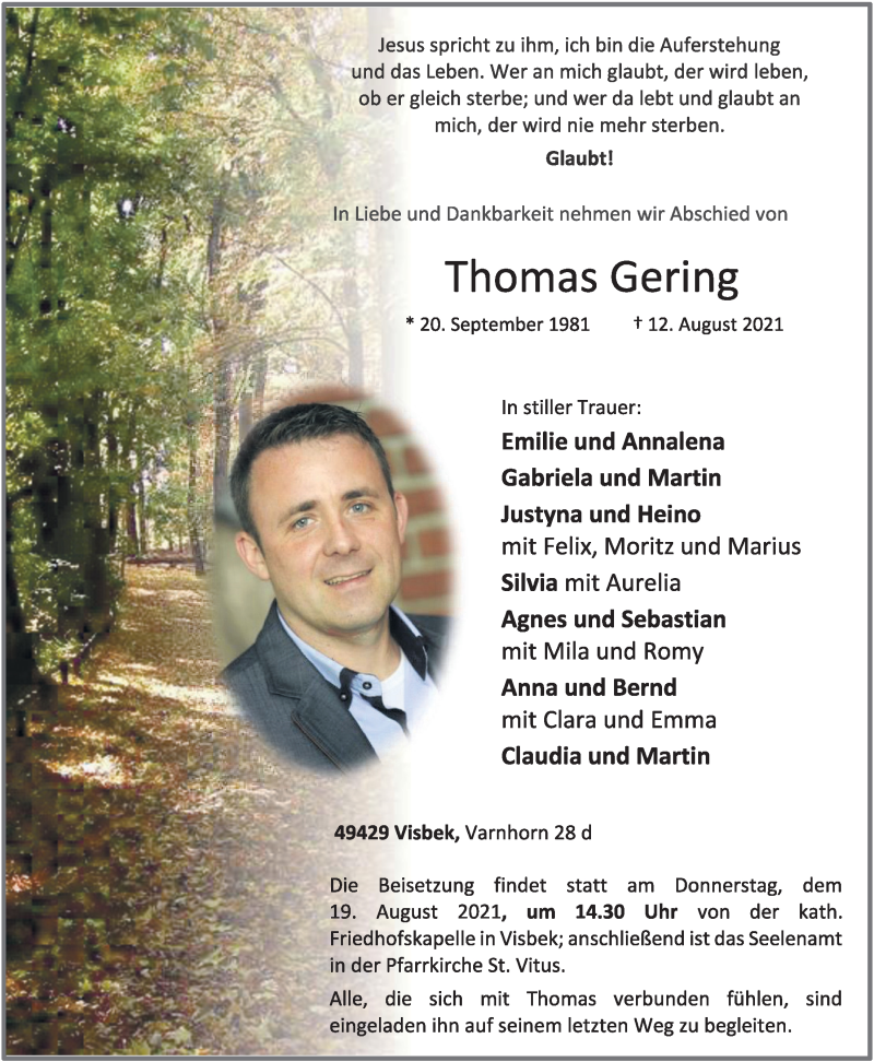  Traueranzeige für Thomas Gering vom 17.08.2021 aus OM-Medien