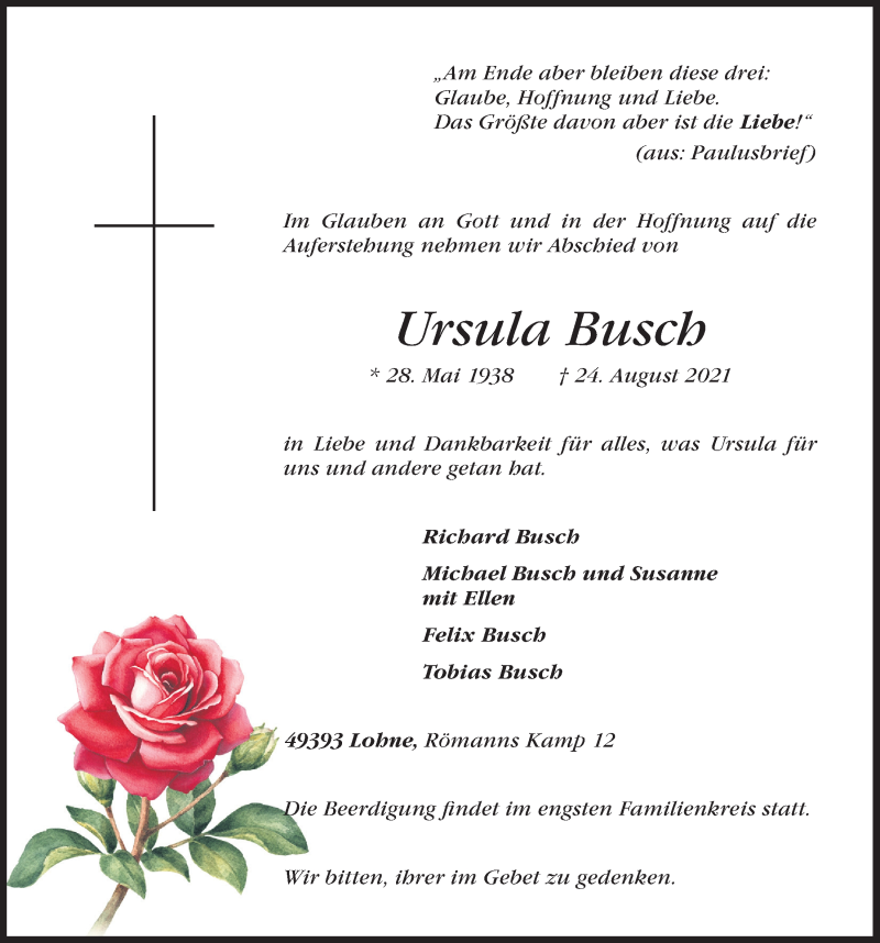  Traueranzeige für Ursula Busch vom 25.08.2021 aus OM-Medien