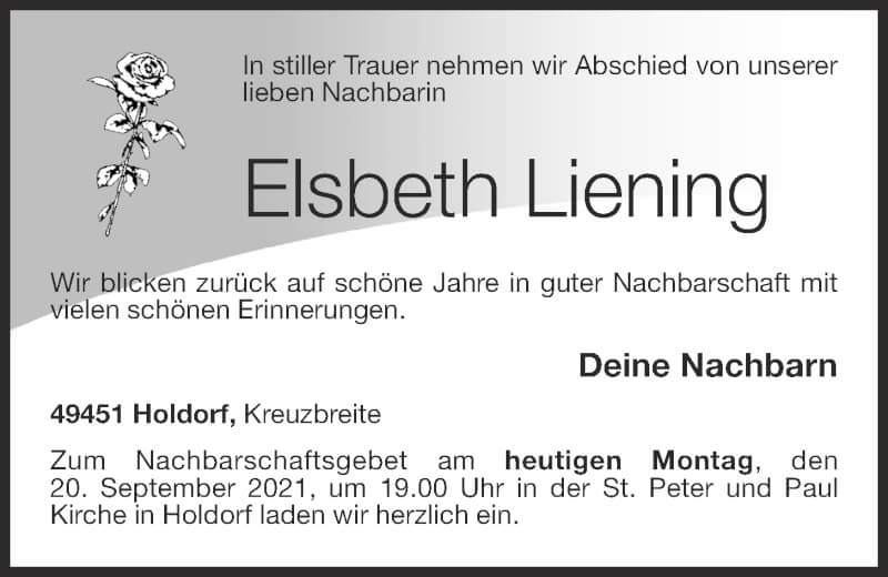  Traueranzeige für Elsbeth Liening vom 20.09.2021 aus OM-Medien