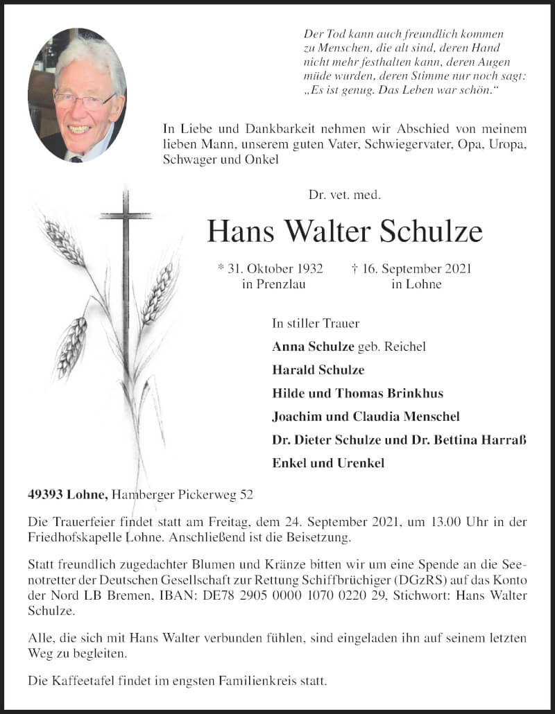  Traueranzeige für Hans Walter Schulze vom 18.09.2021 aus OM-Medien