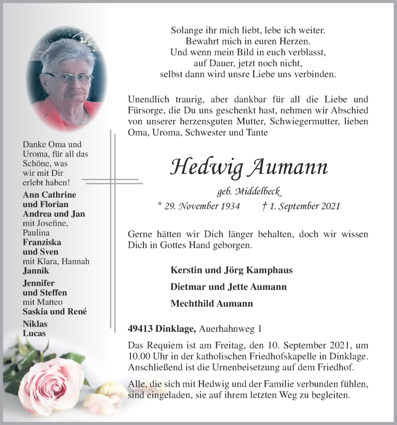  Traueranzeige für Hedwig Aumann vom 04.09.2021 aus OM-Medien