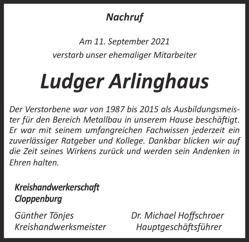  Traueranzeige für Ludger Arlinghaus vom 15.09.2021 aus OM-Medien