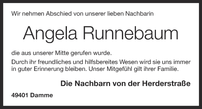  Traueranzeige für Angela Runnebaum vom 05.01.2022 aus OM-Medien