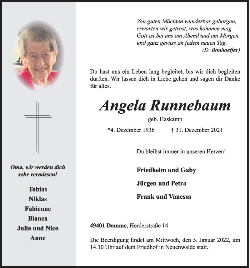  Traueranzeige für Angela Runnebaum vom 03.01.2022 aus OM-Medien