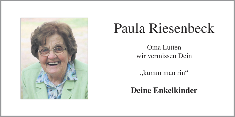  Traueranzeige für Paula Riesenbeck vom 13.01.2022 aus OM-Medien