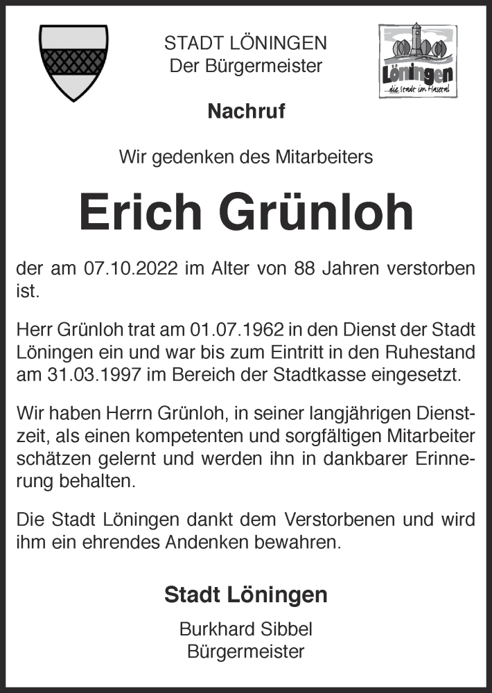  Traueranzeige für Erich Grünloh vom 11.10.2022 aus OM-Medien