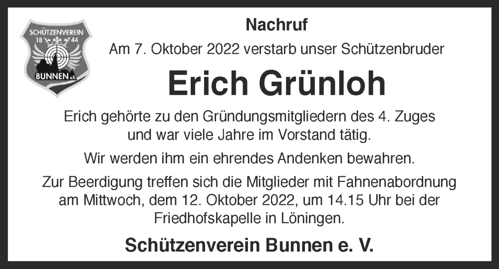  Traueranzeige für Erich Grünloh vom 10.10.2022 aus OM-Medien