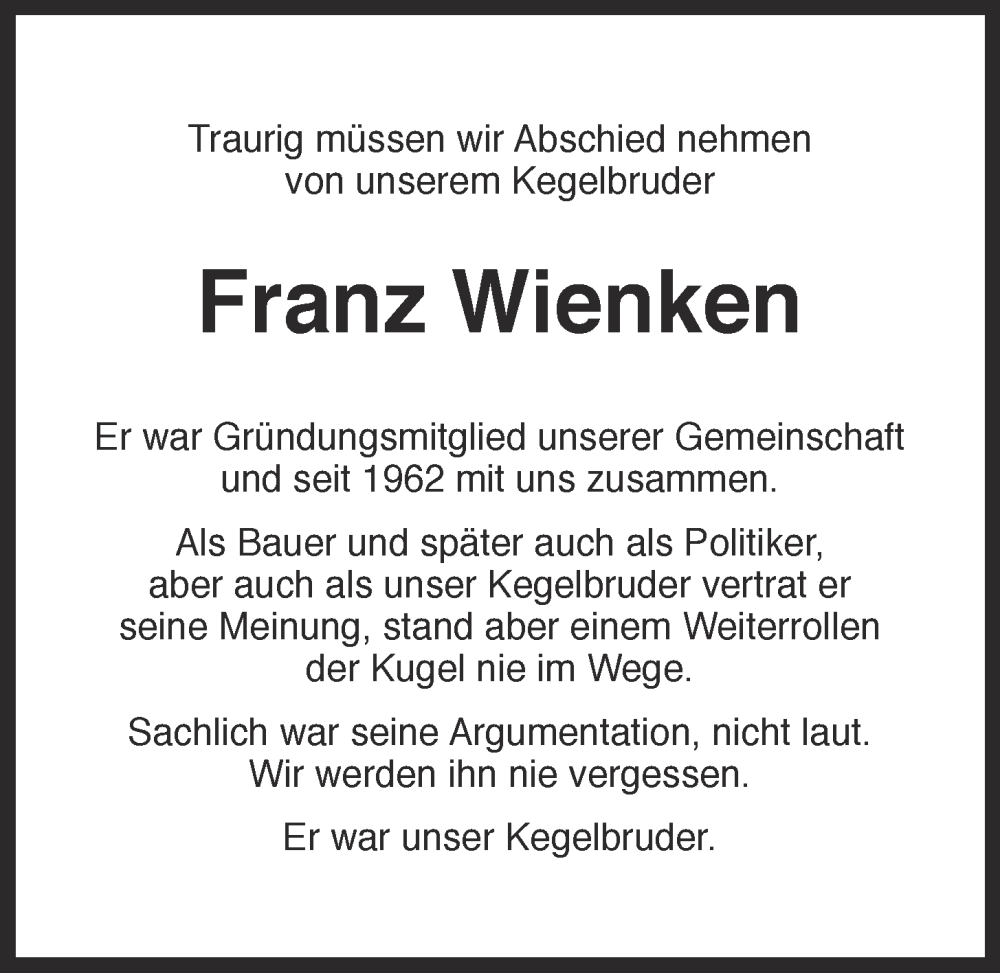  Traueranzeige für Franz Wienken vom 29.10.2022 aus OM-Medien