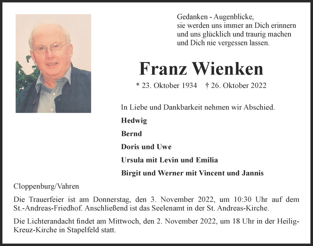  Traueranzeige für Franz Wienken vom 29.10.2022 aus OM-Medien
