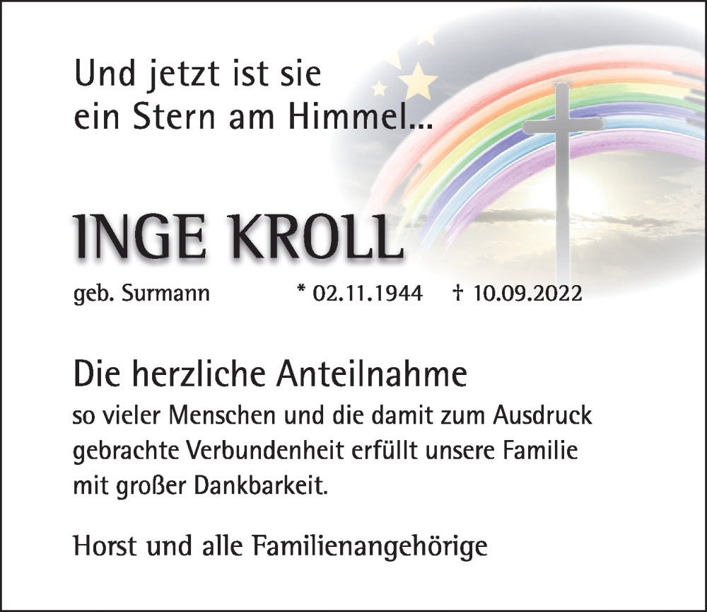  Traueranzeige für Inge Kroll vom 22.10.2022 aus OM-Medien