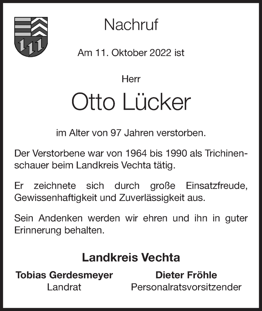  Traueranzeige für Otto Lücker vom 15.10.2022 aus OM-Medien