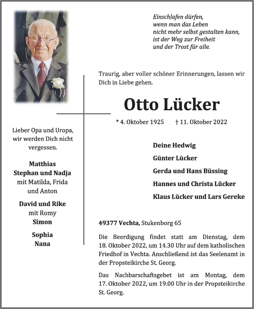  Traueranzeige für Otto Lücker vom 13.10.2022 aus OM-Medien