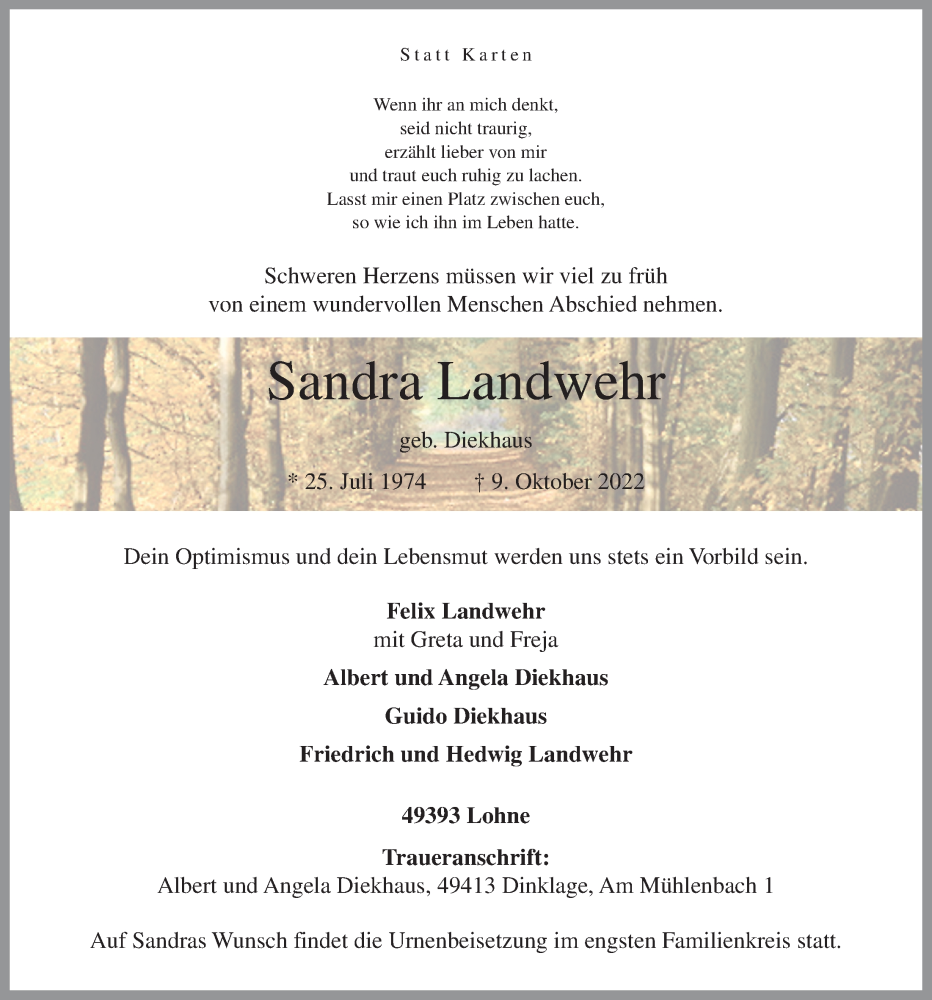  Traueranzeige für Sandra Landwehr vom 12.10.2022 aus OM-Medien