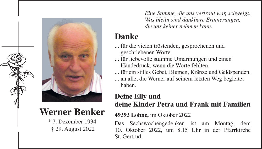  Traueranzeige für Werner Benker vom 08.10.2022 aus OM-Medien