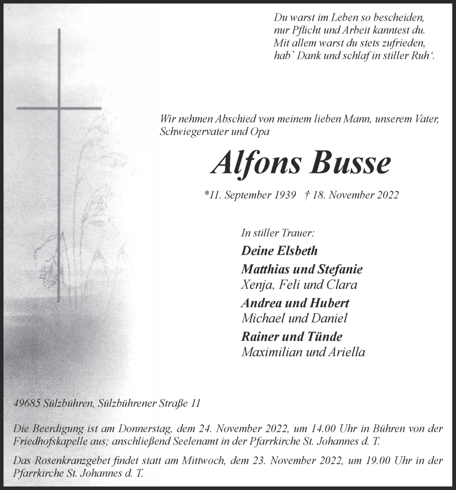  Traueranzeige für Alfons Busse vom 21.11.2022 aus OM-Medien