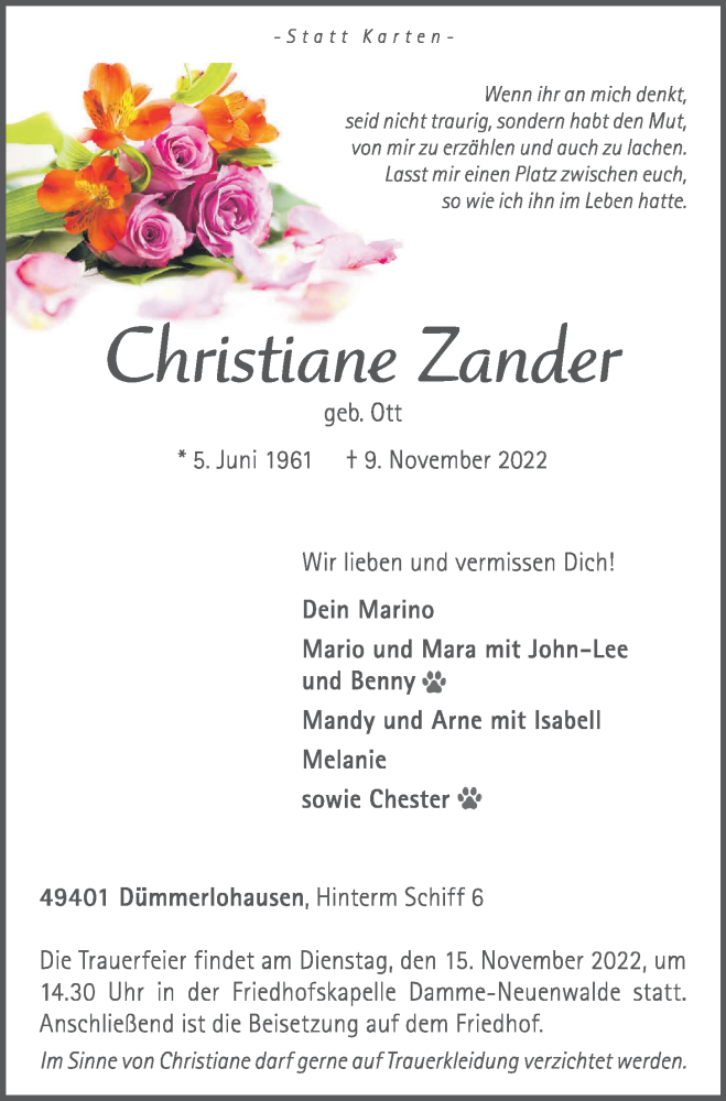  Traueranzeige für Christiane Zander vom 11.11.2022 aus OM-Medien
