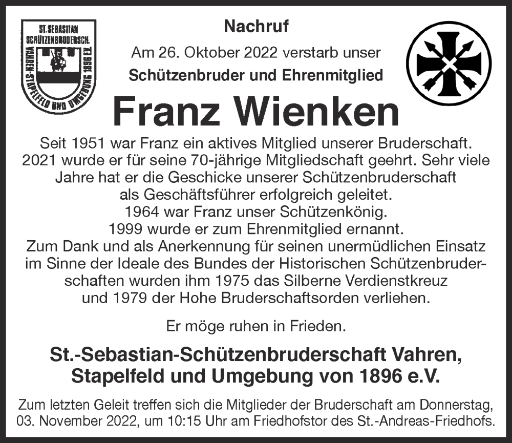  Traueranzeige für Franz Wienken vom 02.11.2022 aus OM-Medien