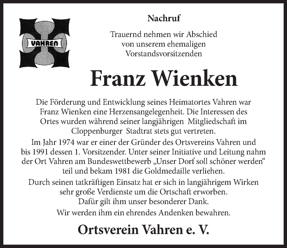  Traueranzeige für Franz Wienken vom 02.11.2022 aus OM-Medien