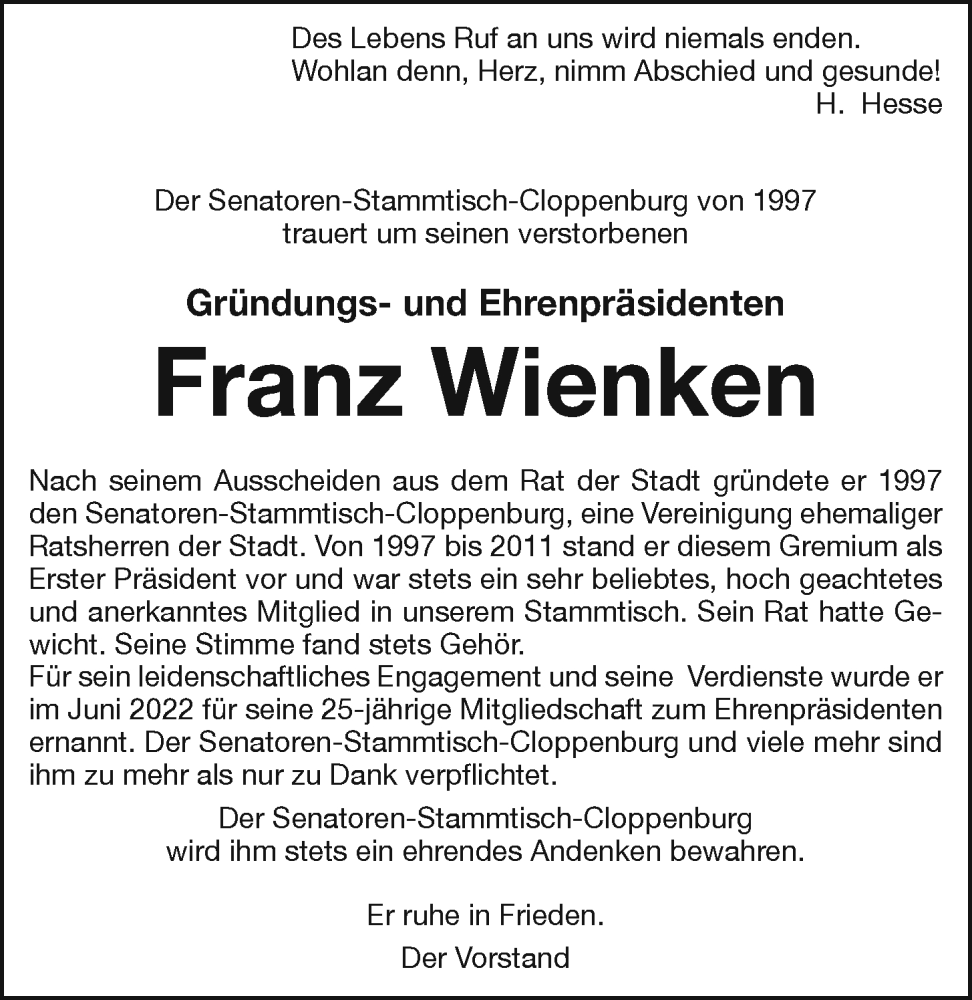  Traueranzeige für Franz Wienken vom 01.11.2022 aus OM-Medien