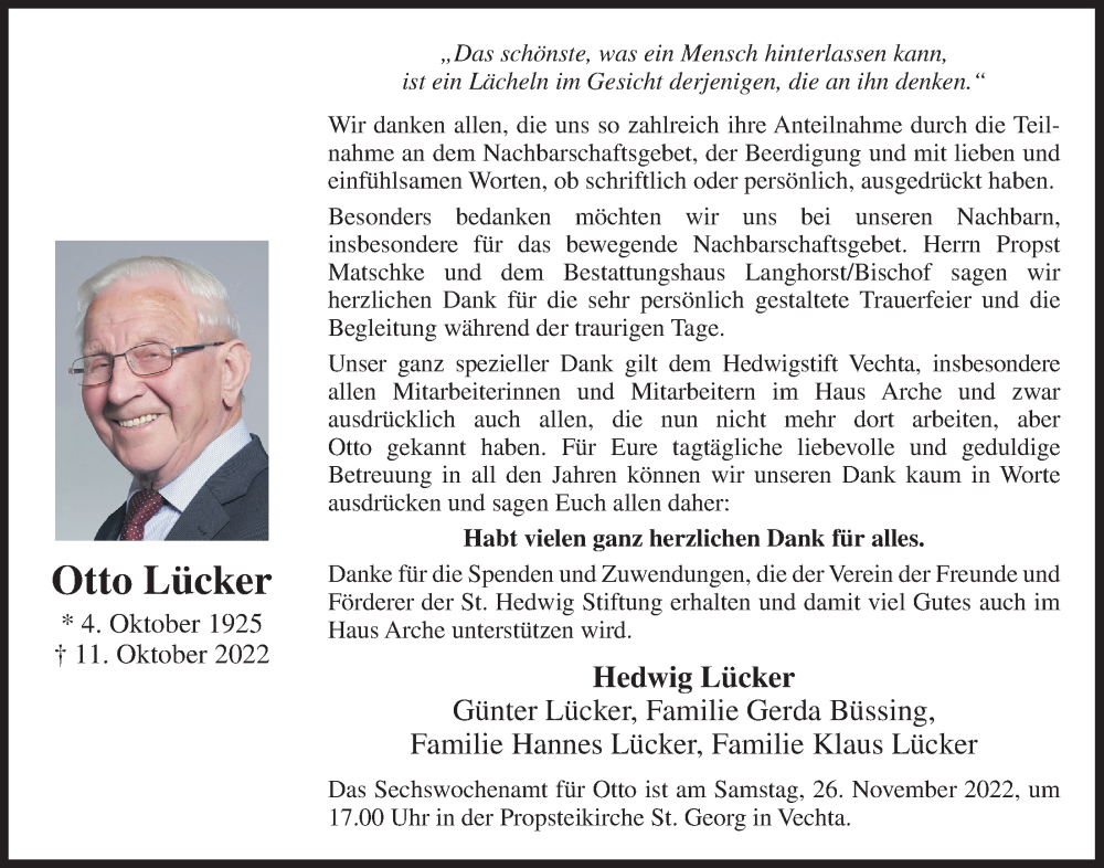  Traueranzeige für Otto Lücker vom 25.11.2022 aus OM-Medien