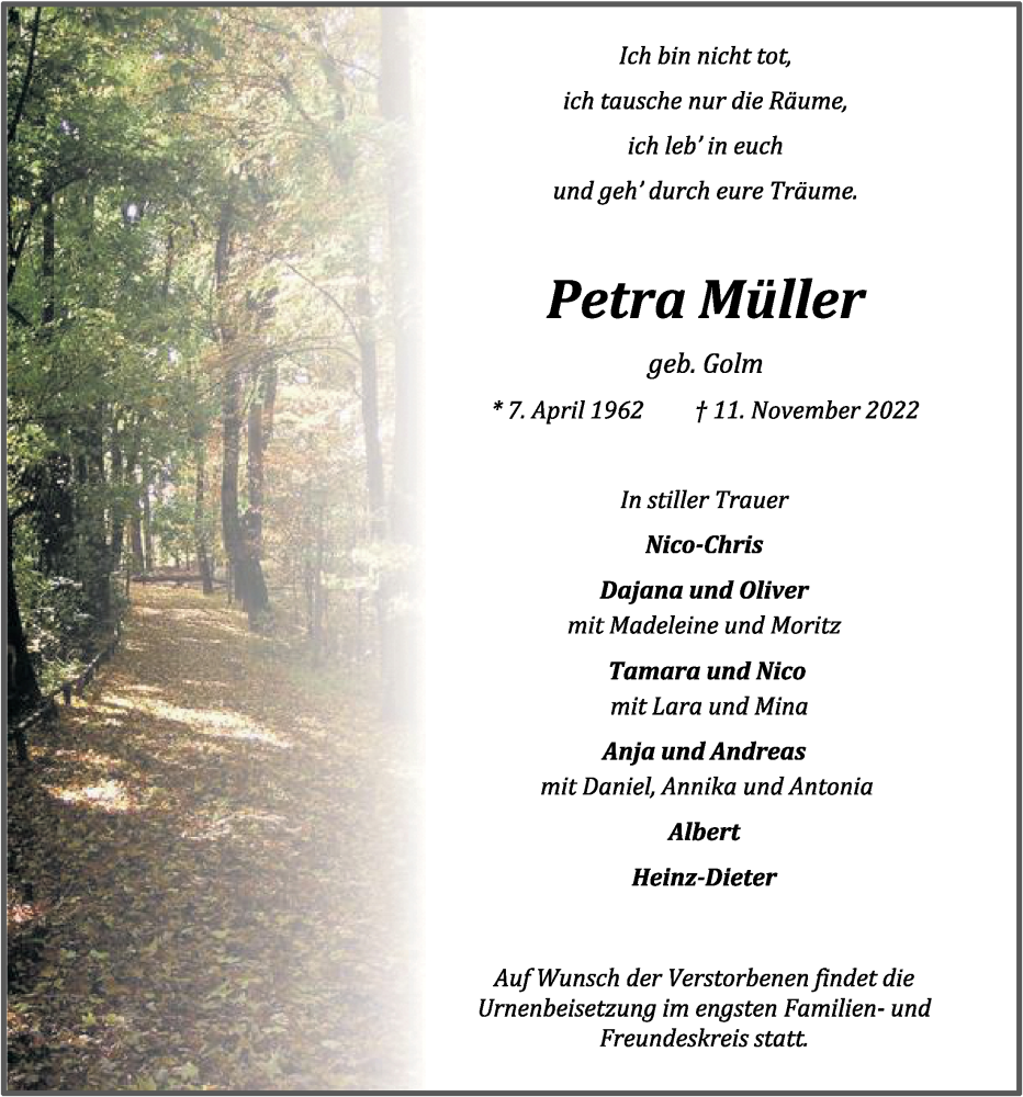  Traueranzeige für Petra Müller vom 19.11.2022 aus OM-Medien