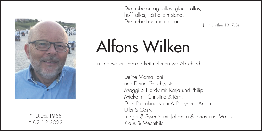  Traueranzeige für Alfons Wilken vom 06.12.2022 aus OM-Medien