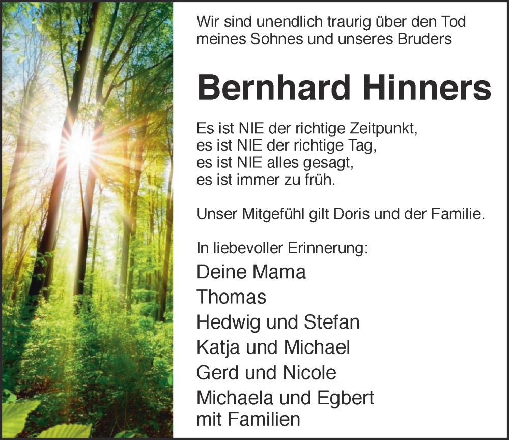  Traueranzeige für Bernhard Hinners vom 14.12.2022 aus OM-Medien