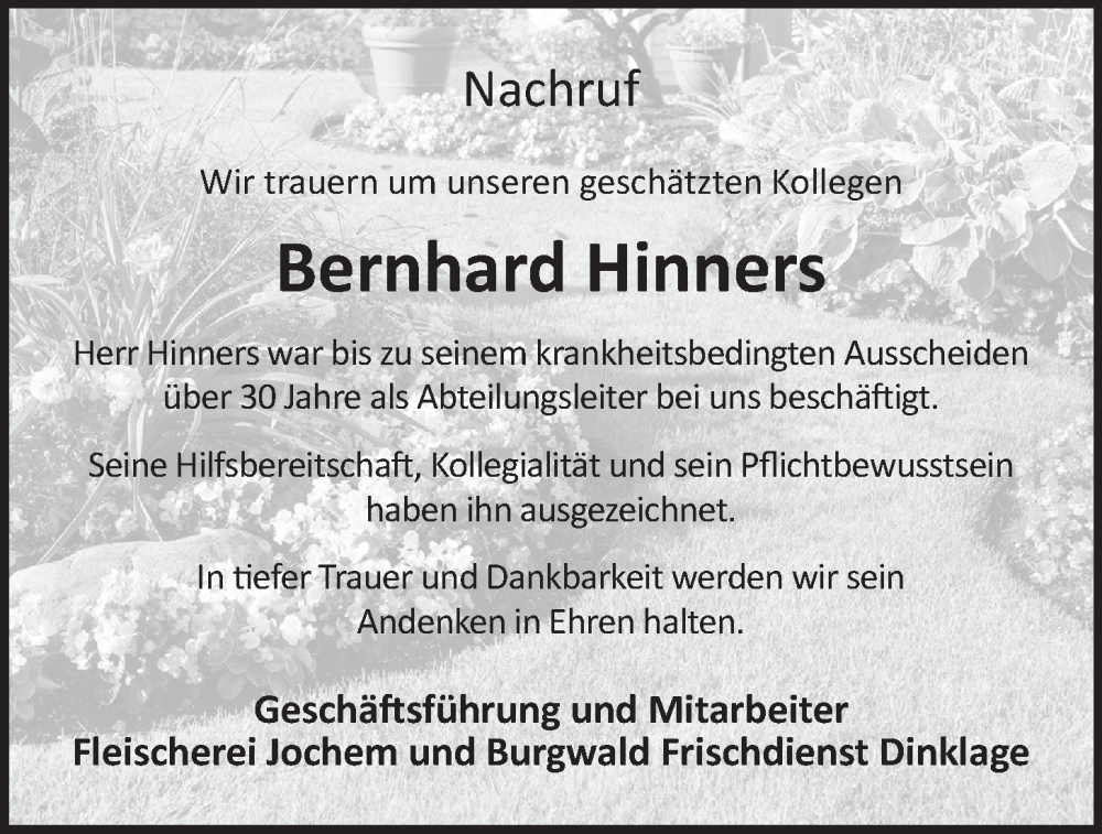  Traueranzeige für Bernhard Hinners vom 14.12.2022 aus OM-Medien