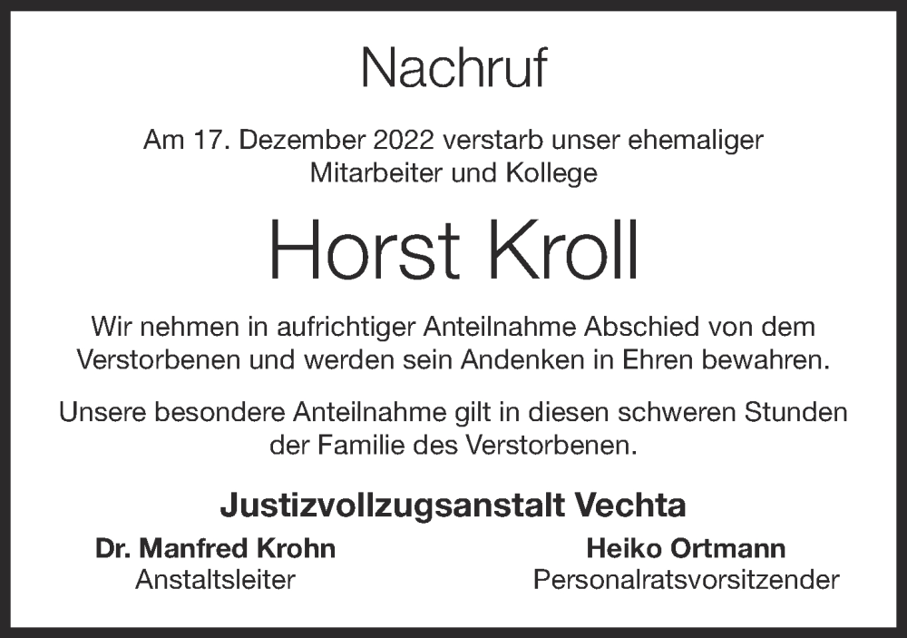  Traueranzeige für Horst Kroll vom 30.12.2022 aus OM-Medien