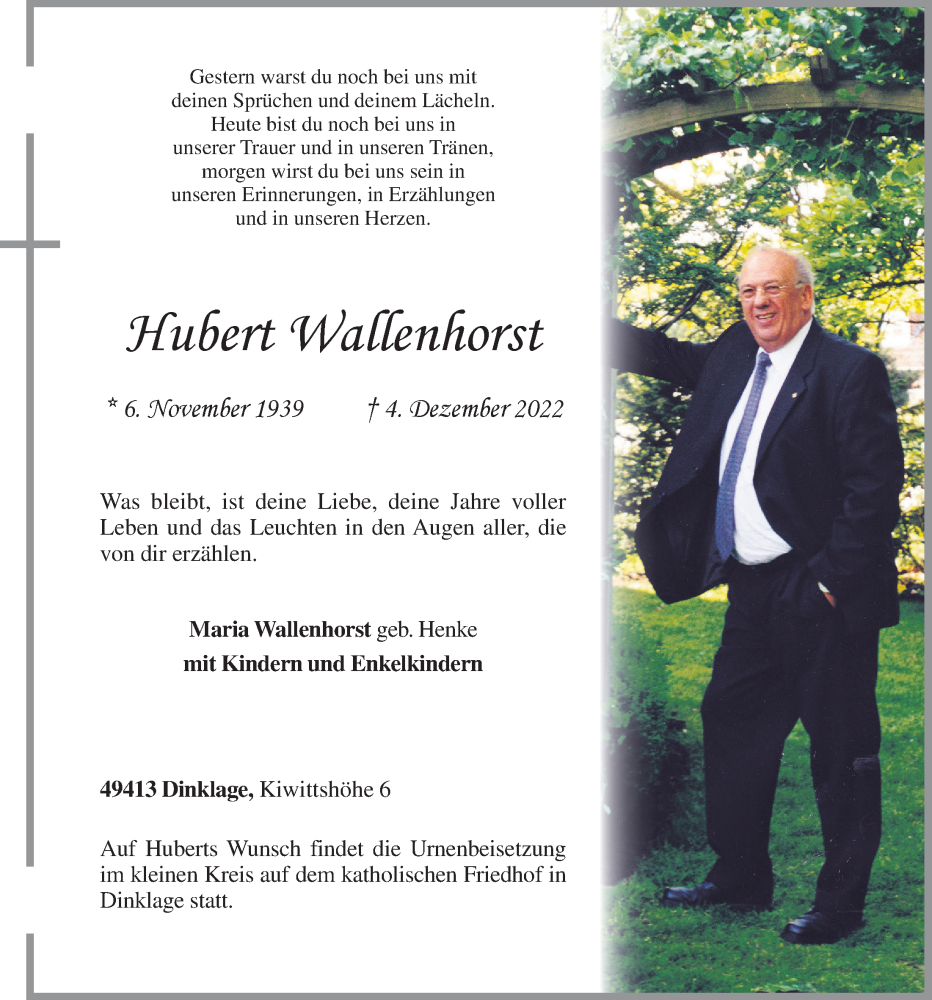  Traueranzeige für Hubert Wallenhorst vom 06.12.2022 aus OM-Medien