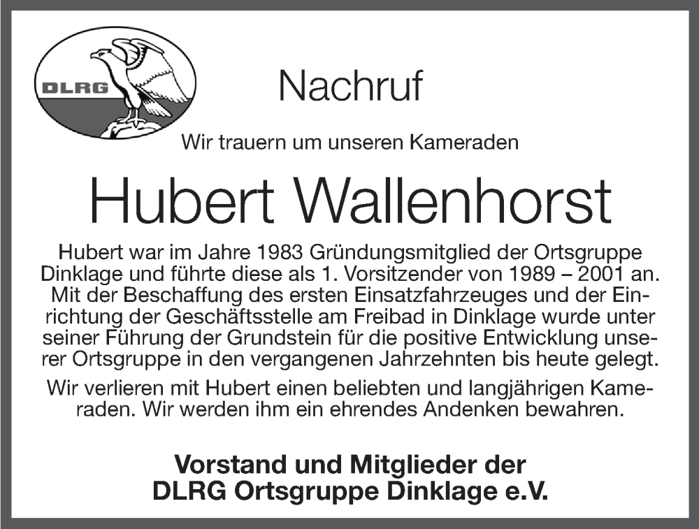  Traueranzeige für Hubert Wallenhorst vom 08.12.2022 aus OM-Medien