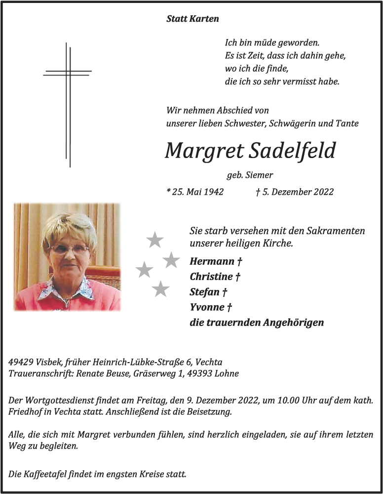  Traueranzeige für Margret Sadelfeld vom 07.12.2022 aus OM-Medien