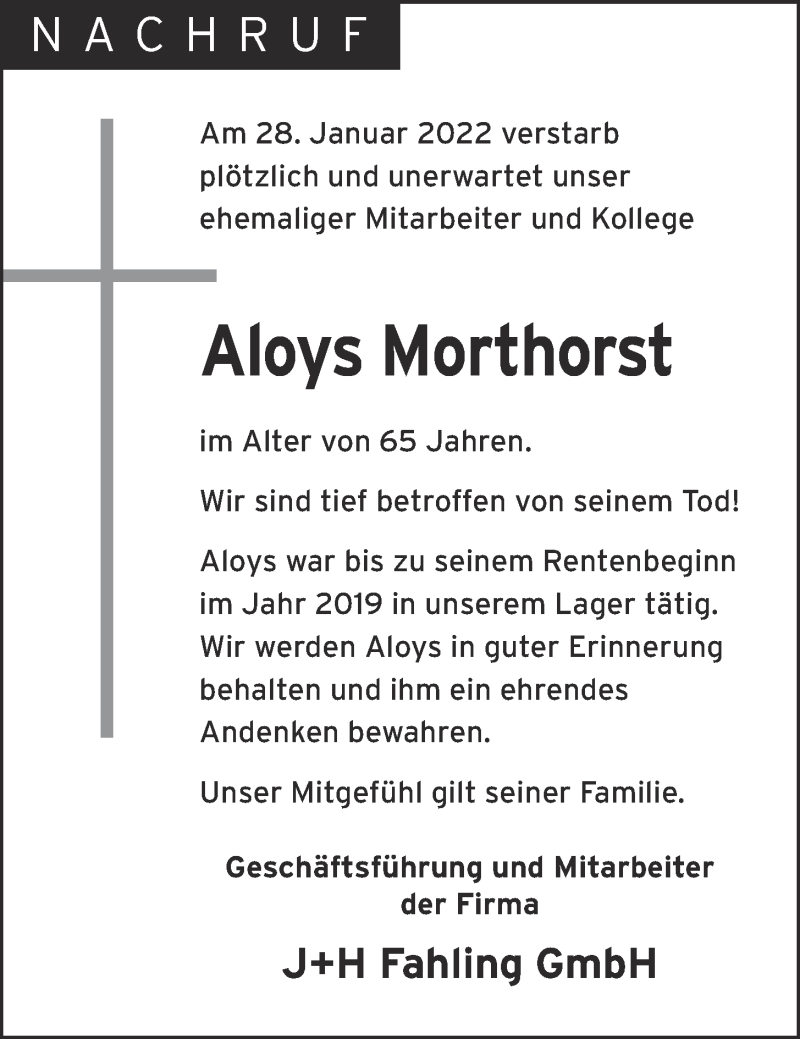  Traueranzeige für Aloys Morthorst vom 03.02.2022 aus OM-Medien