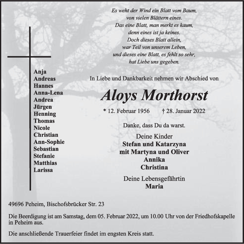  Traueranzeige für Aloys Morthorst vom 02.02.2022 aus OM-Medien