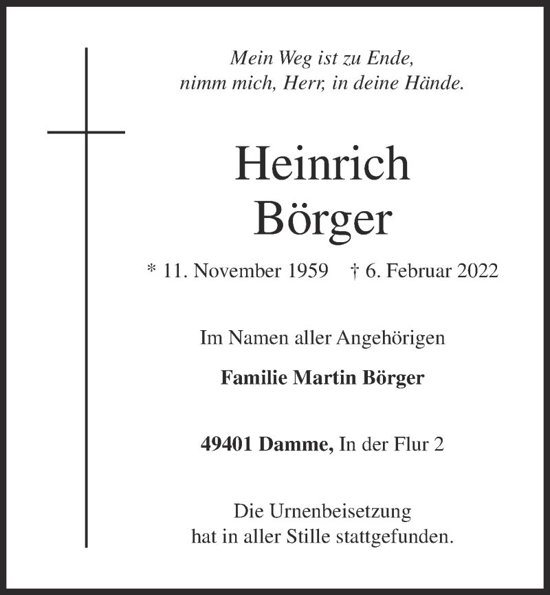  Traueranzeige für Heinrich Börger vom 24.02.2022 aus OM-Medien