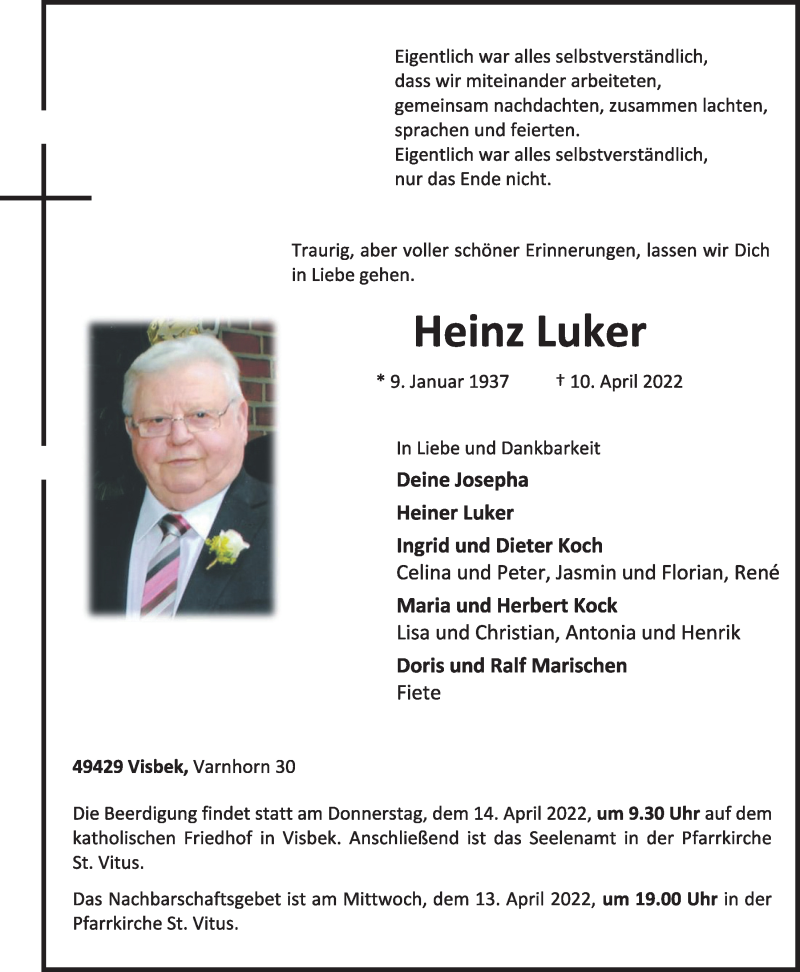  Traueranzeige für Heinz Luker vom 12.04.2022 aus OM-Medien