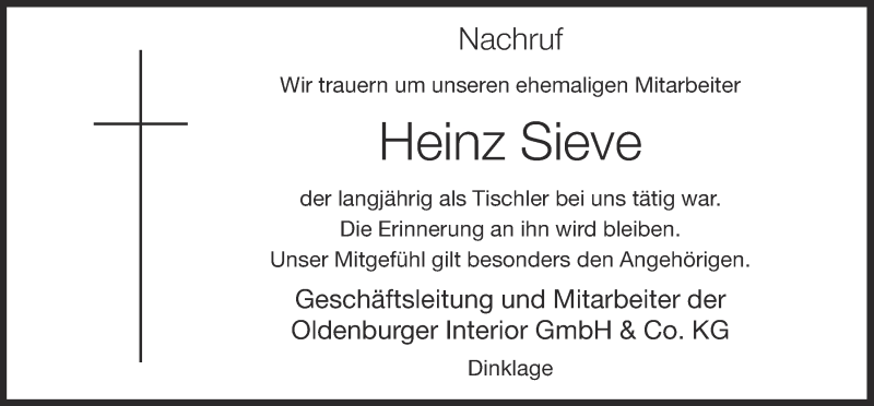  Traueranzeige für Heinz Sieve vom 09.04.2022 aus OM-Medien