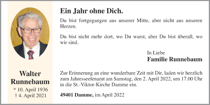  Traueranzeige für Walter Runnebaum vom 02.04.2022 aus OM-Medien